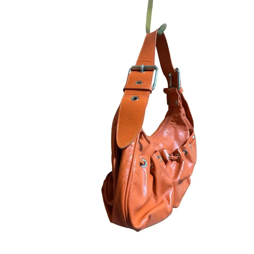 Made in Italy Orange Leather Slouchy Shoulder Hobo Bag